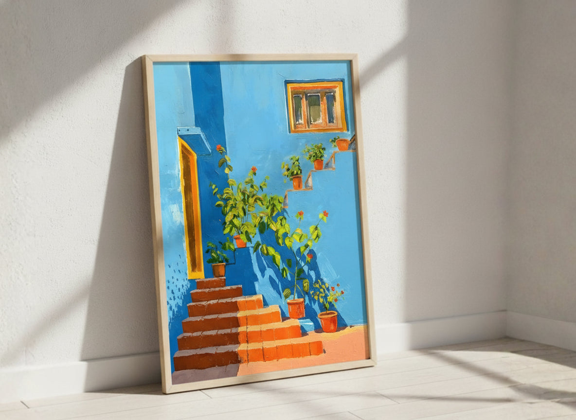 Mediterranean Blue Wall Staircase Art art print