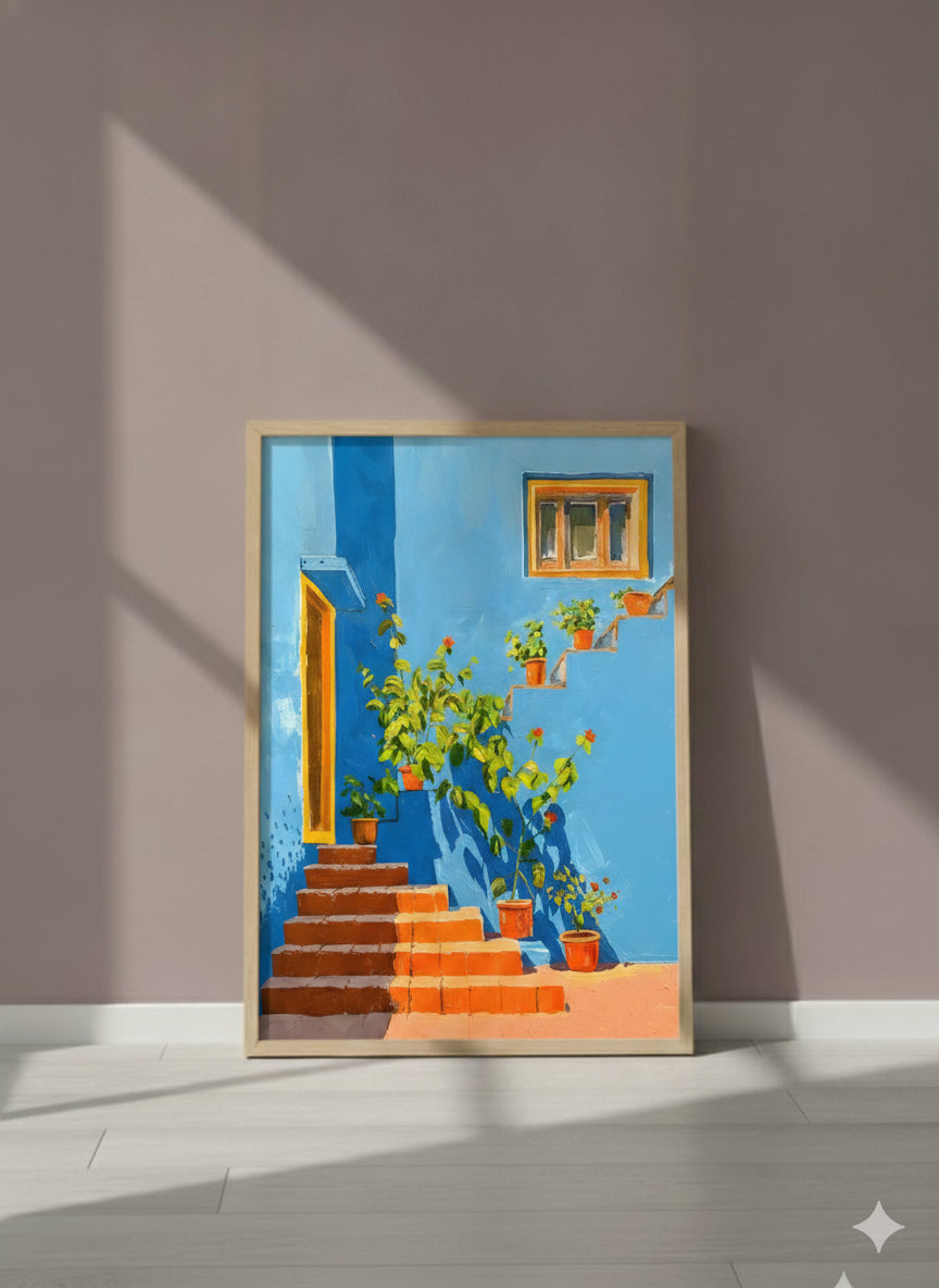 Mediterranean Blue Wall Staircase Art art print shown in a purple setting