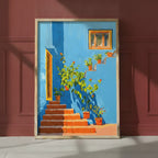Mediterranean Blue Wall Staircase Art art print shown in a red setting