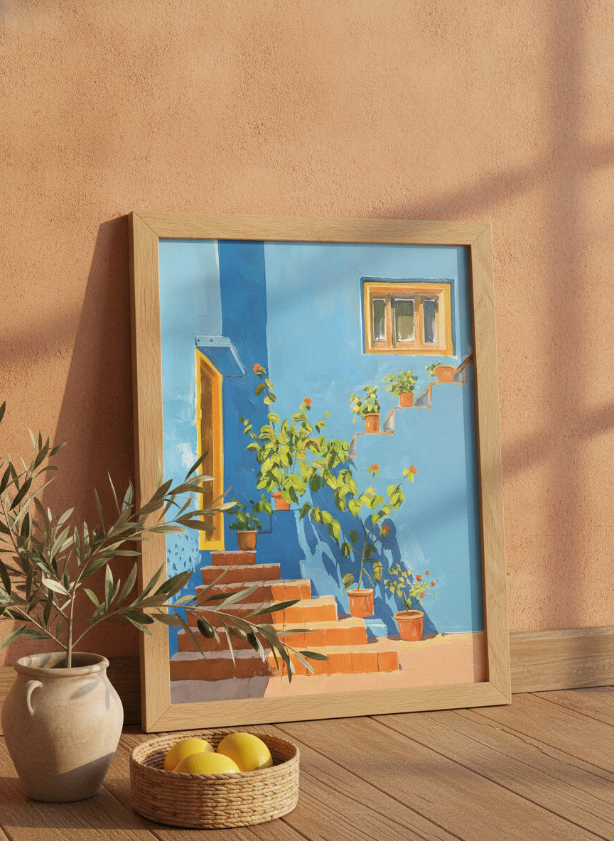 Mediterranean Blue Wall Staircase Art art print shown in a terracotta rustic setting