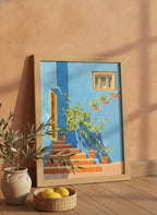 Mediterranean Blue Wall Staircase Art art print shown in a terracotta rustic setting