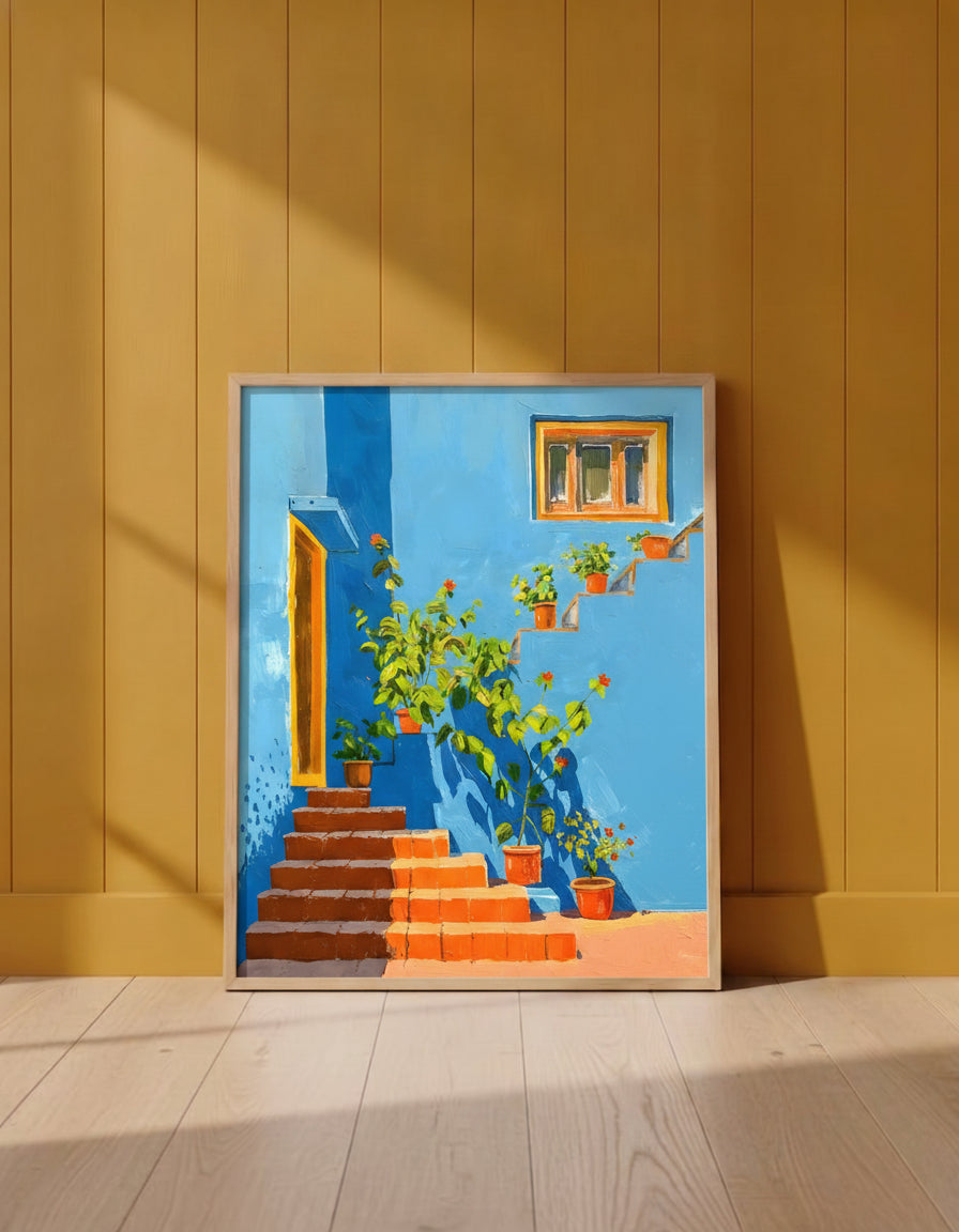 Mediterranean Blue Wall Staircase Art art print shown in a yellow wall setting