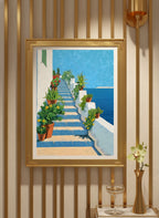 Greek Island Staircase Botanical Art art print shown in a art deco geometric setting