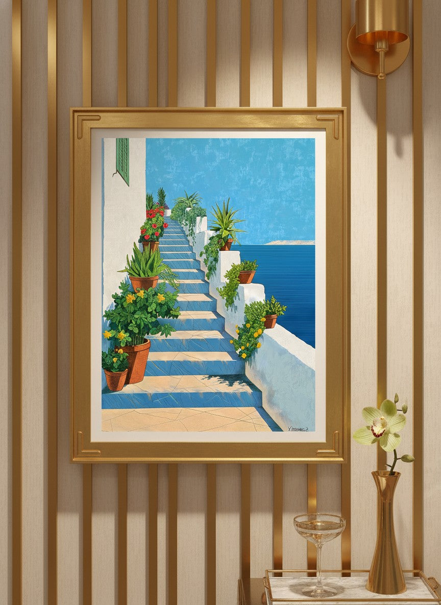 Greek Island Staircase Botanical Art art print shown in a art deco geometric setting