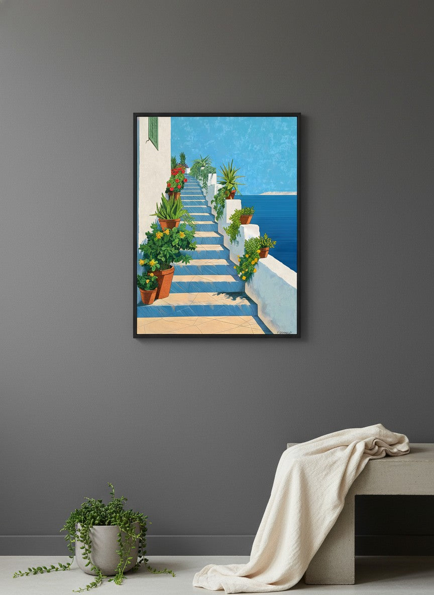 Greek Island Staircase Botanical Art art print shown in a charcoal minimal black setting