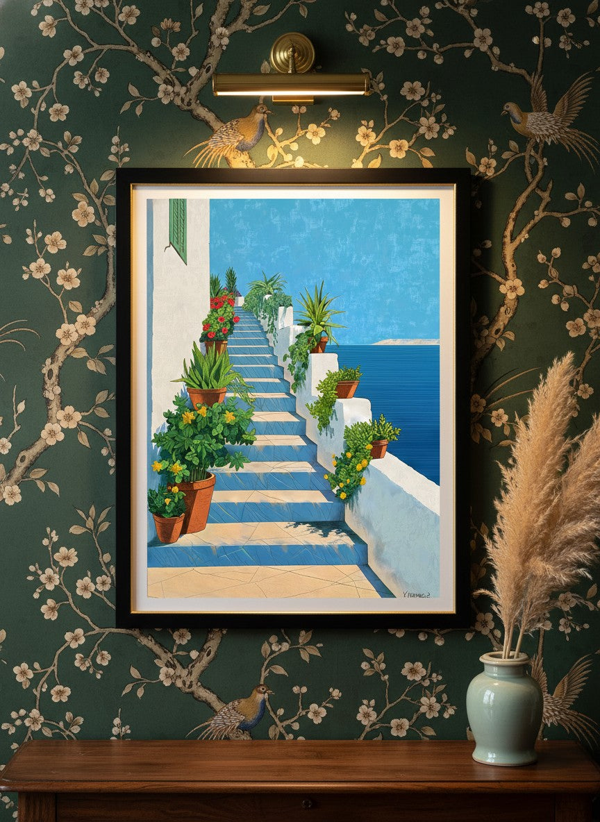 Greek Island Staircase Botanical Art art print shown in a chinoiserie moody setting