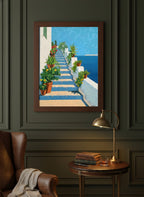 Greek Island Staircase Botanical Art art print shown in a dark olive study setting