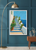 Greek Island Staircase Botanical Art art print shown in a deep teal modern setting