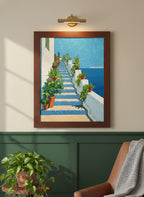 Greek Island Staircase Botanical Art art print shown in a forest green walnut setting