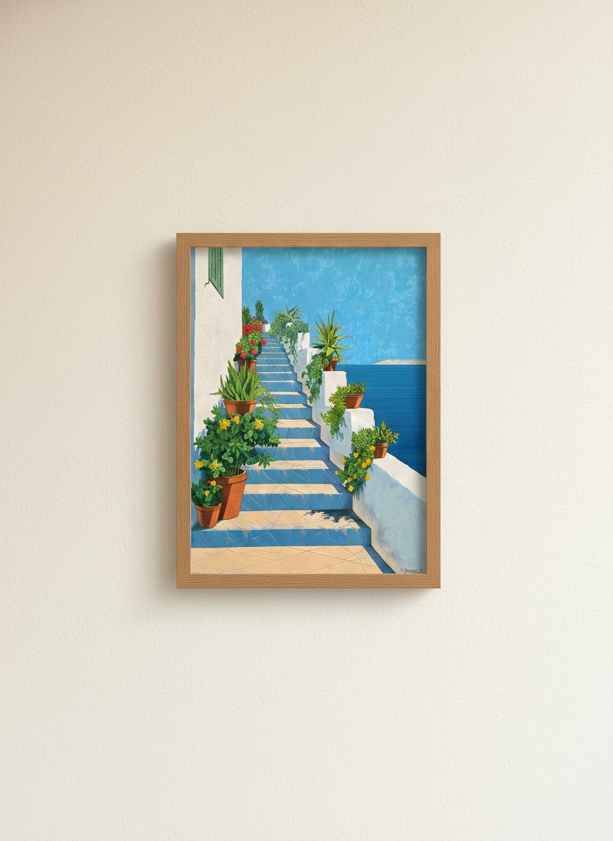 Greek Island Staircase Botanical Art art print