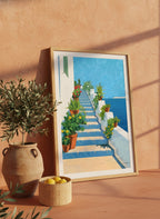 Greek Island Staircase Botanical Art art print shown in a terracotta rustic setting