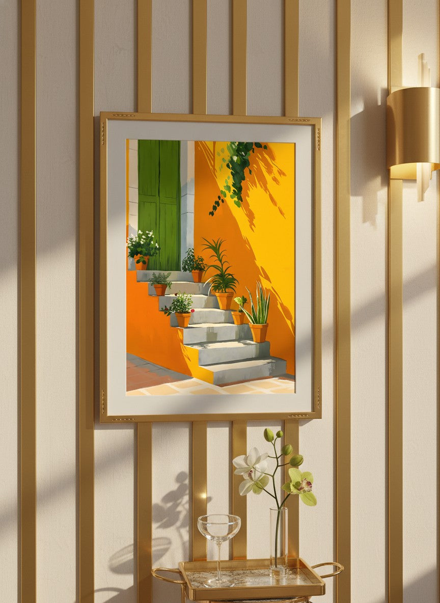 Mediterranean Staircase Botanical Art art print shown in a art deco geometric setting