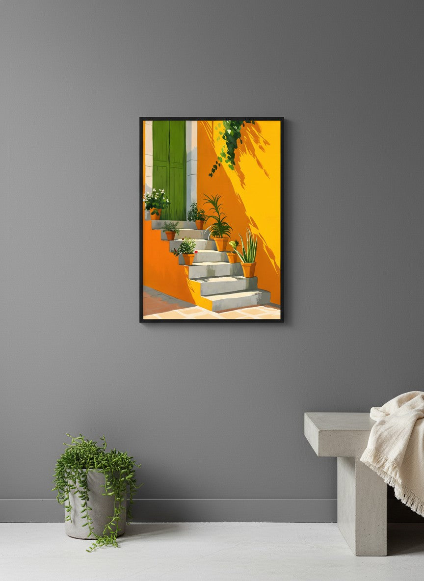 Mediterranean Staircase Botanical Art art print shown in a charcoal minimal black setting