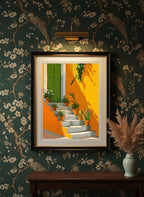 Mediterranean Staircase Botanical Art art print shown in a chinoiserie moody setting