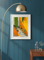 Mediterranean Staircase Botanical Art art print shown in a deep teal modern setting