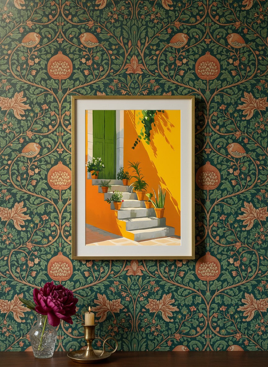 Mediterranean Staircase Botanical Art art print shown in a maximalist floral brass setting