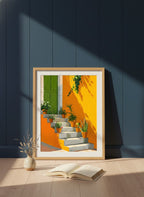 Mediterranean Staircase Botanical Art art print shown in a navy paneled oak setting