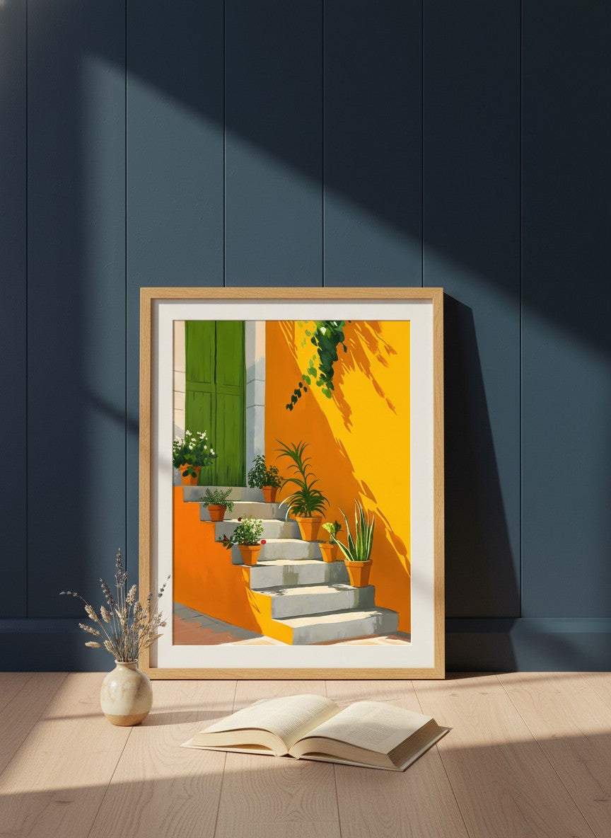 Mediterranean Staircase Botanical Art art print shown in a navy paneled oak setting