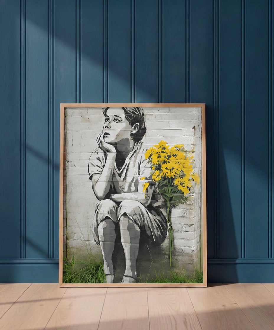 Street Art Dreaming Child Flowers art print shown in a blue 1 setting