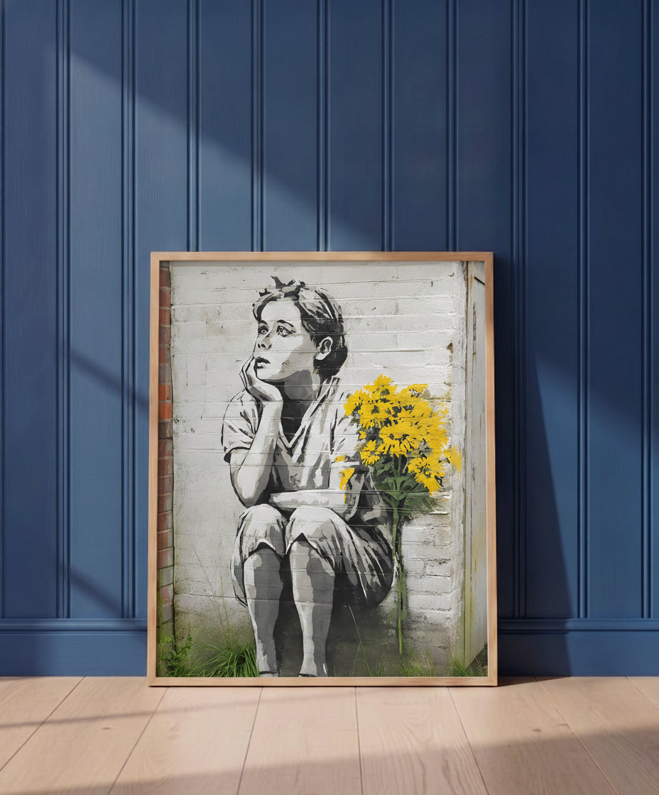 Street Art Dreaming Child Flowers art print shown in a blue wall paneled setting