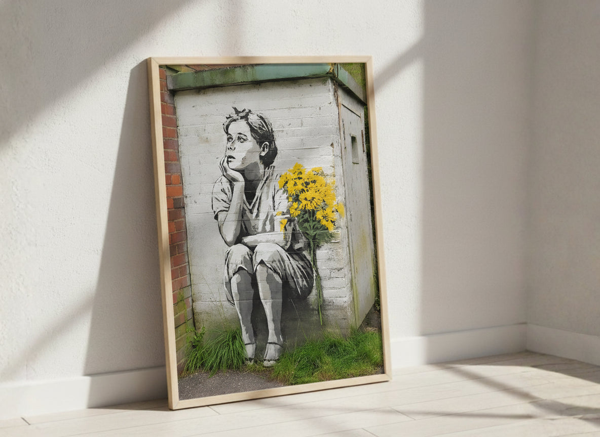 Street Art Dreaming Child Flowers art print