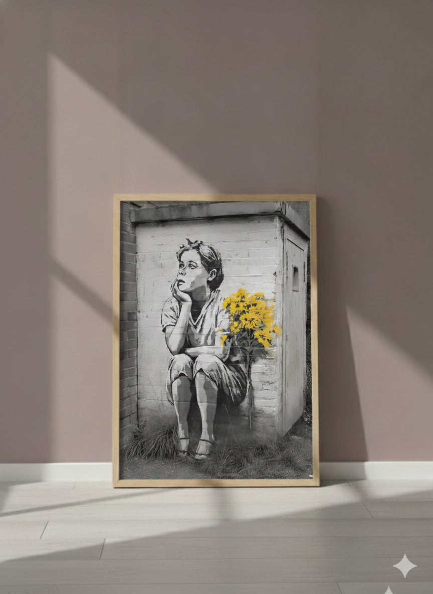 Street Art Dreaming Child Flowers art print shown in a purple setting