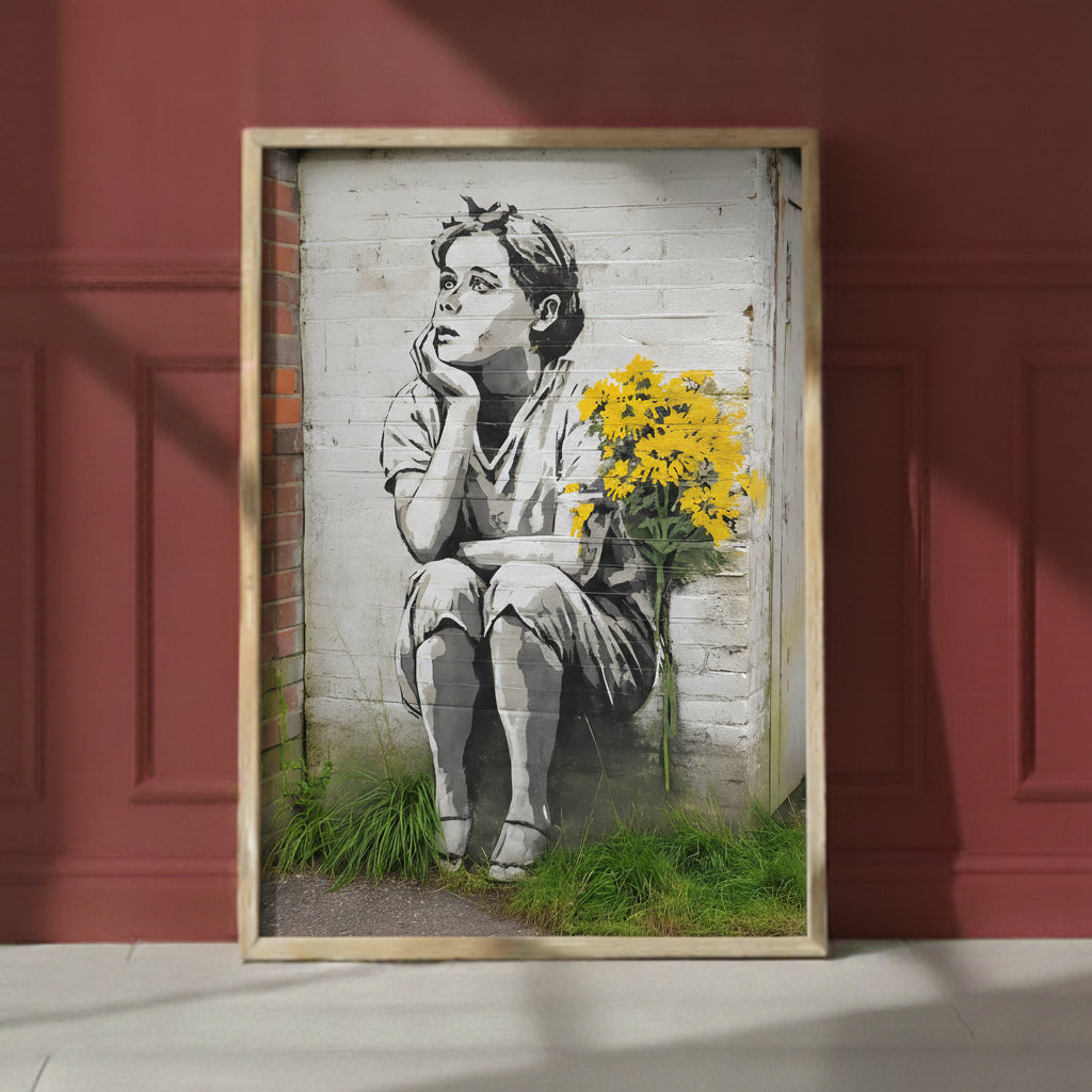 Street Art Dreaming Child Flowers art print shown in a red setting
