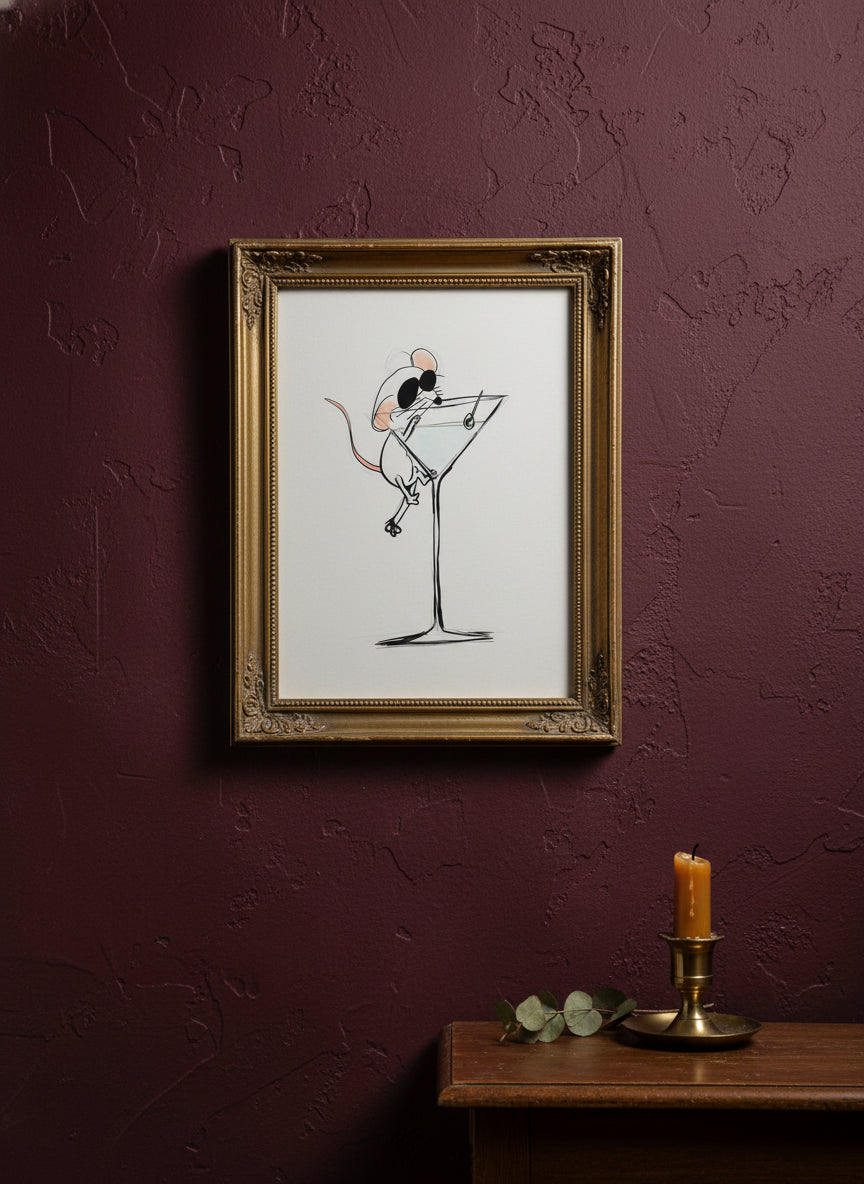 Funny Mouse Martini Art art print shown in a burgundy brass setting