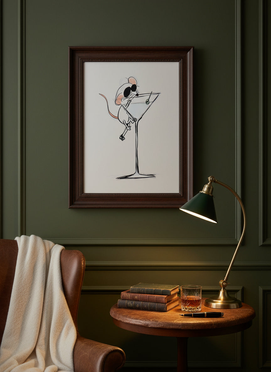 Funny Mouse Martini Art art print shown in a dark olive study setting