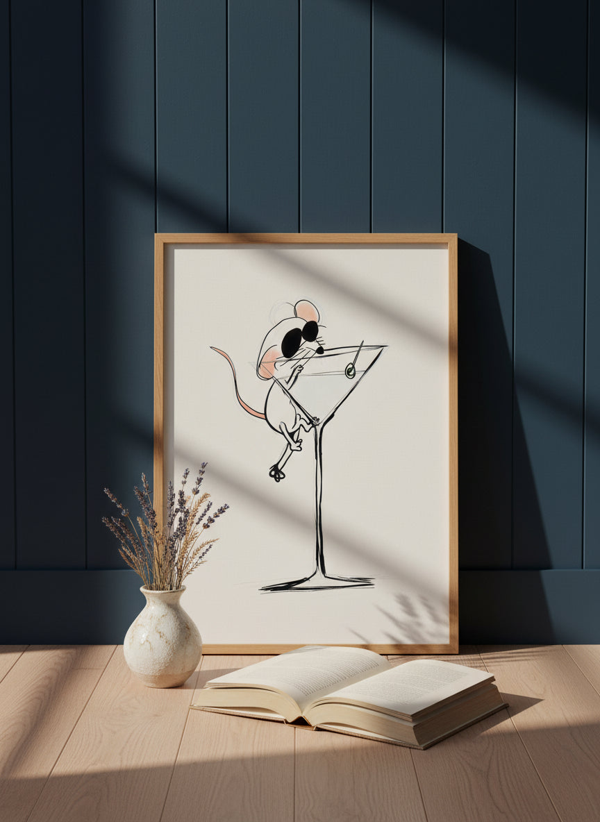 Funny Mouse Martini Art art print shown in a navy paneled oak setting