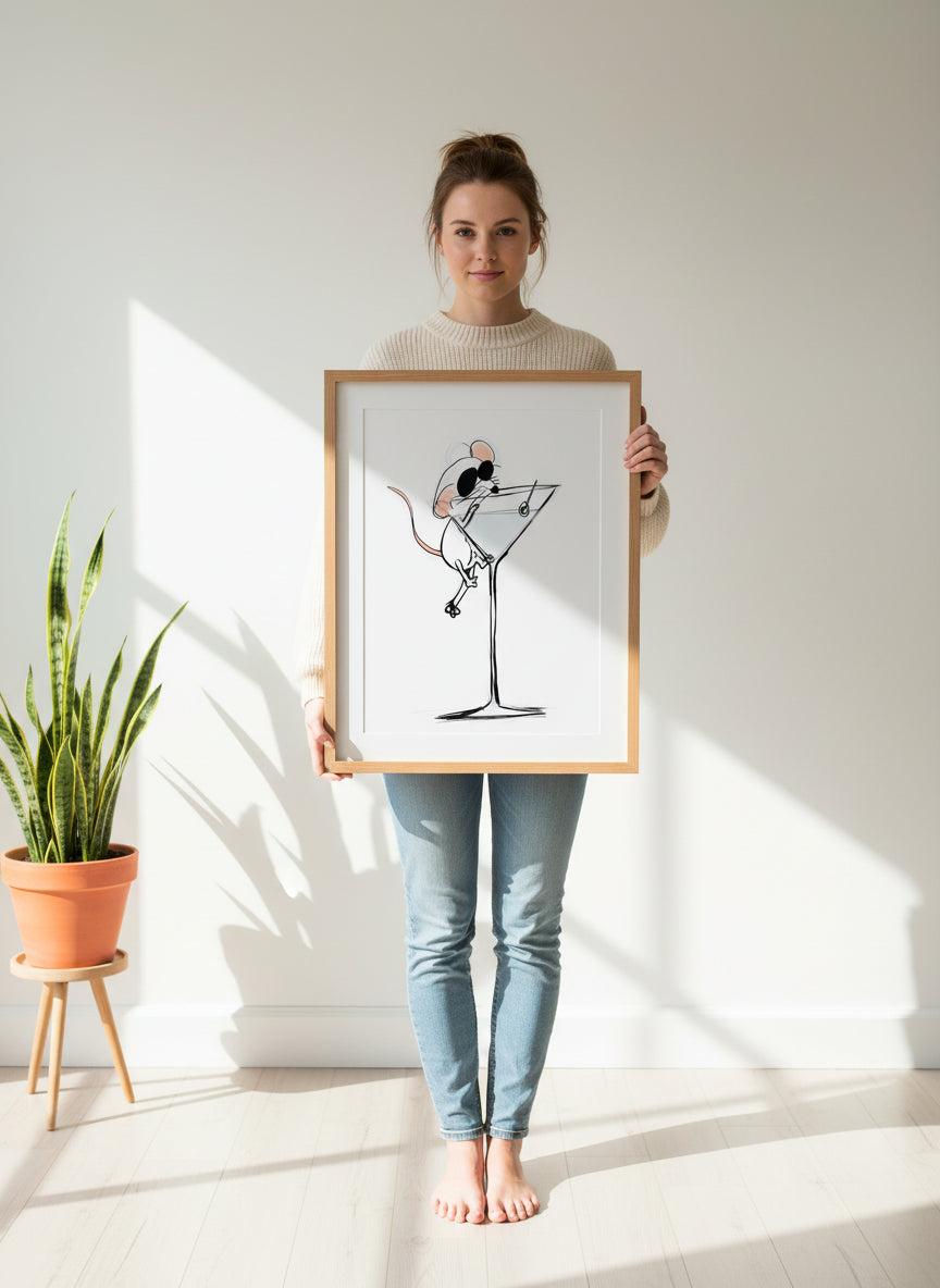 Funny Mouse Martini Art art print shown in a person holding bright setting