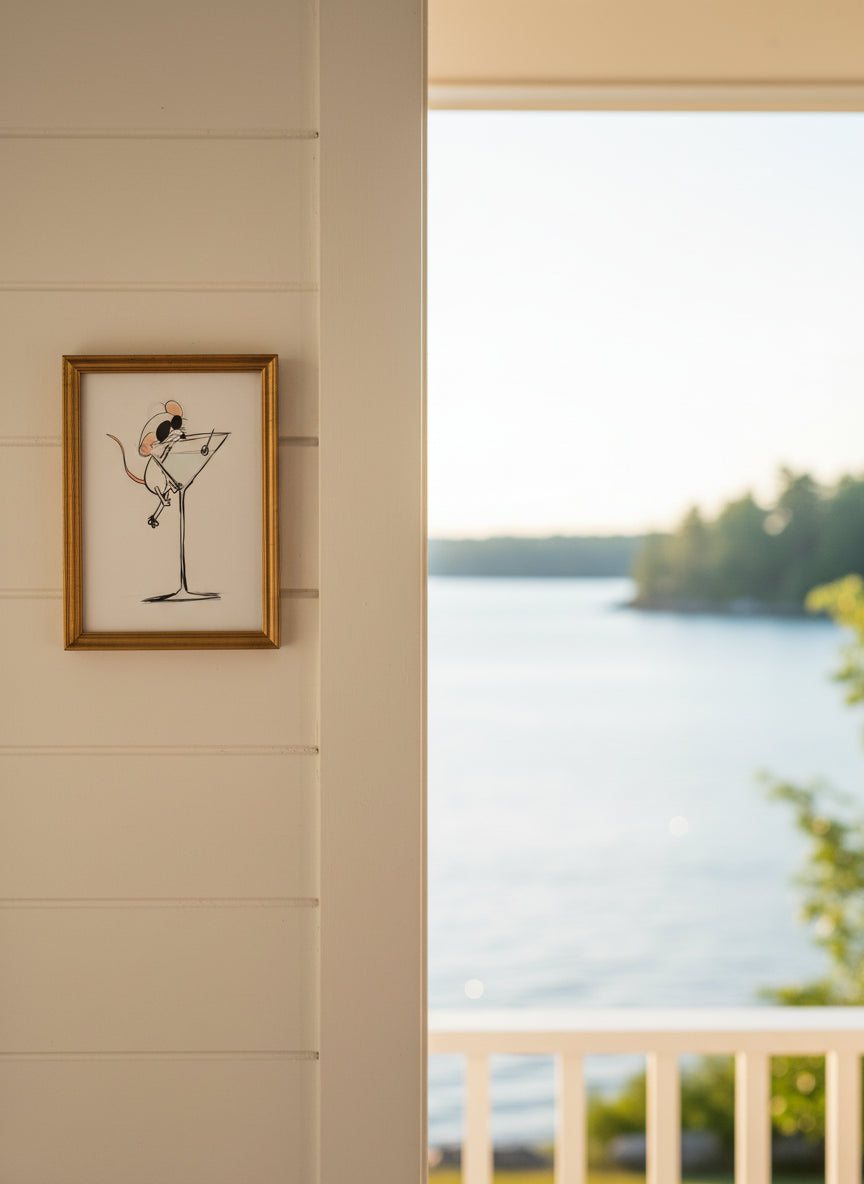 Funny Mouse Martini Art art print shown in a shiplap blurred view setting