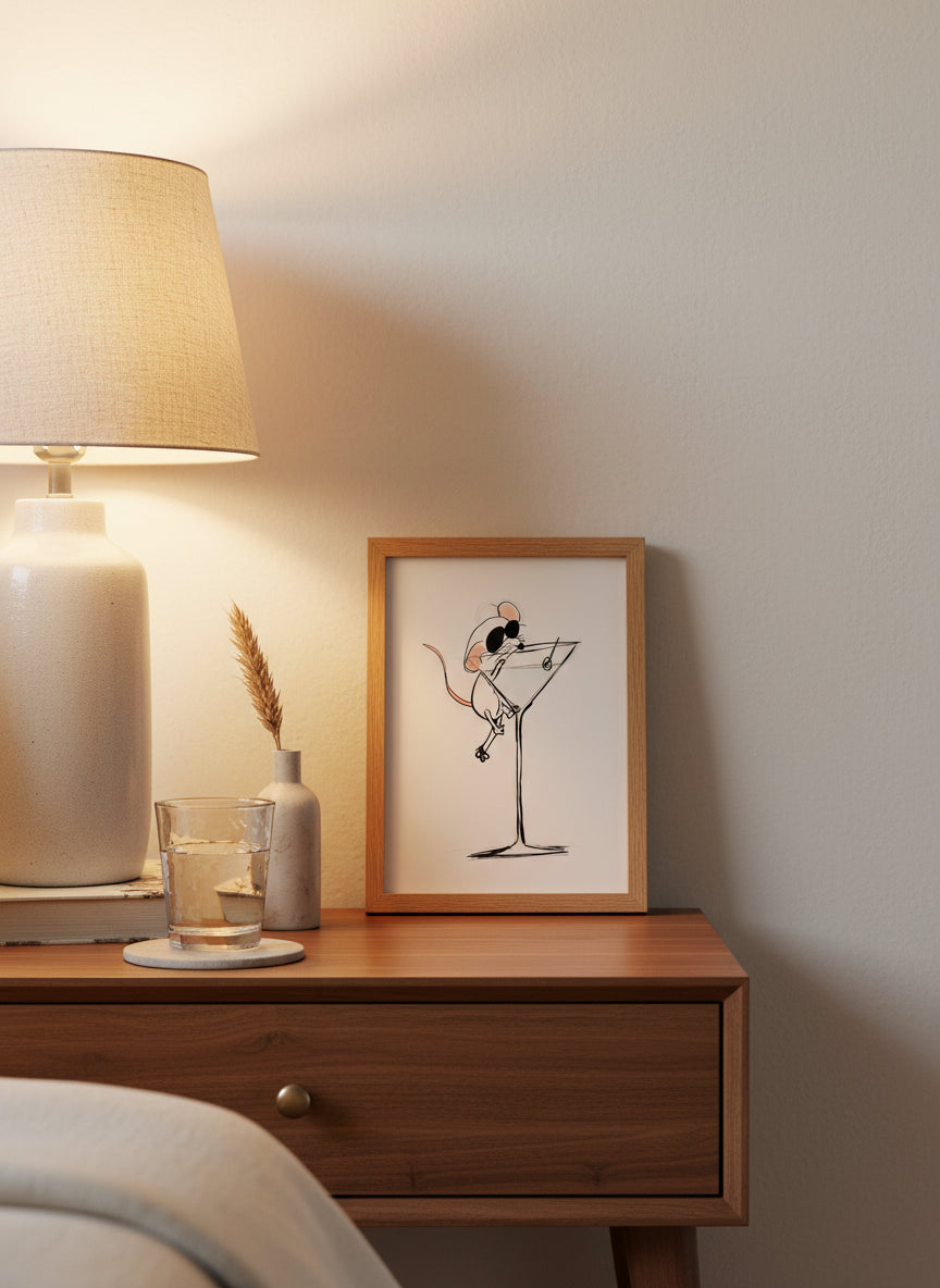Funny Mouse Martini Art art print shown in a small bedside oak setting
