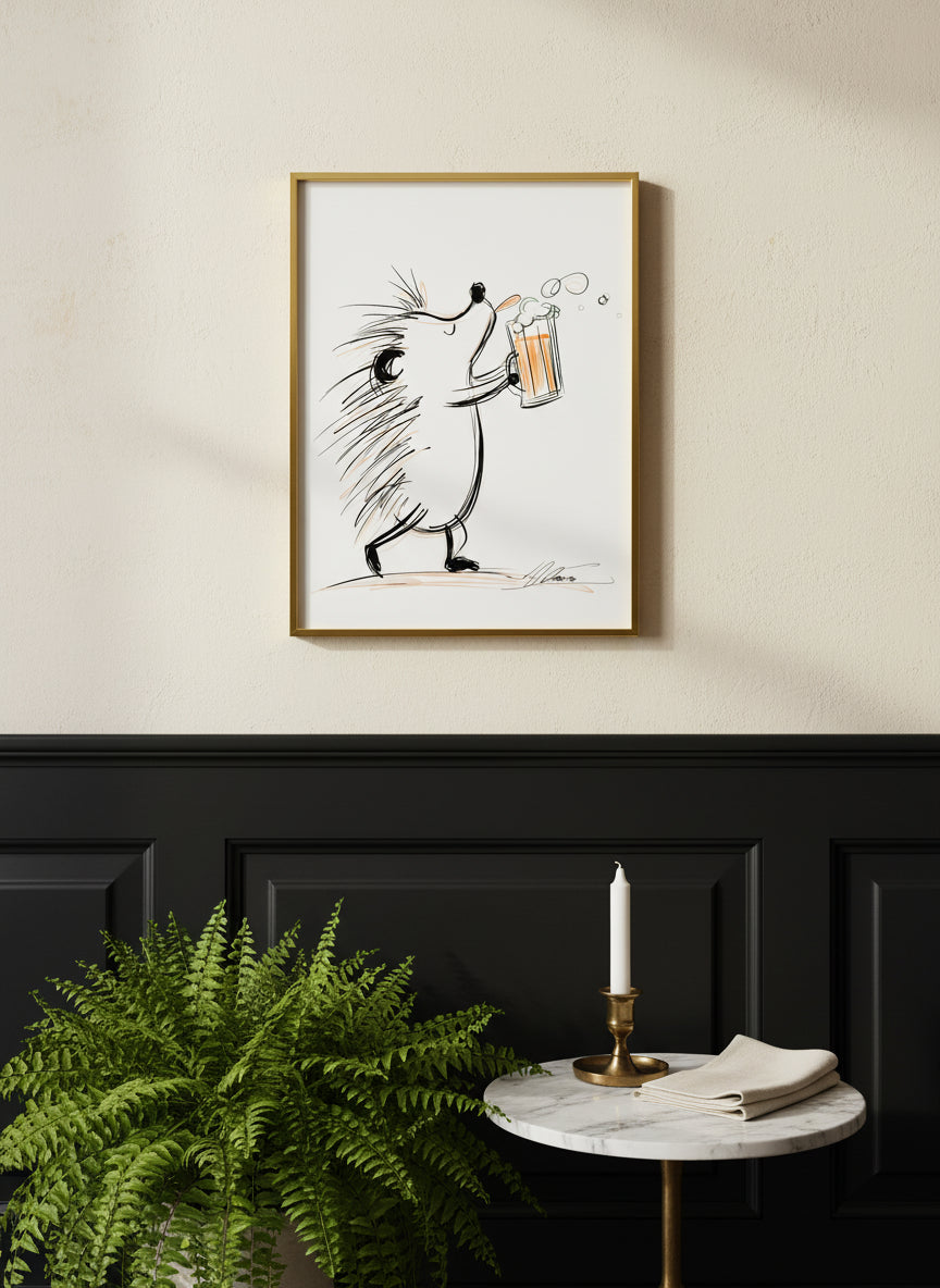 Hedgehog Beer Mug Art art print shown in a black wainscoting gold setting