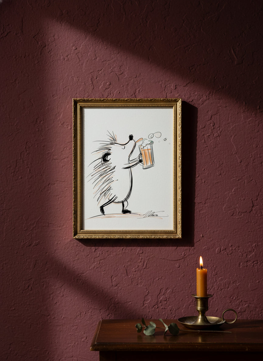 Hedgehog Beer Mug Art art print shown in a burgundy brass setting