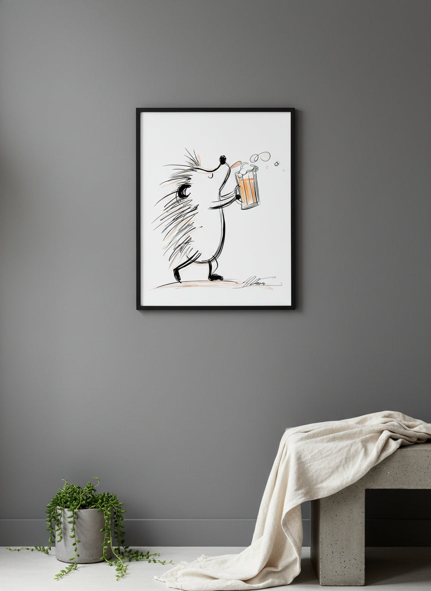 Hedgehog Beer Mug Art art print shown in a charcoal minimal black setting