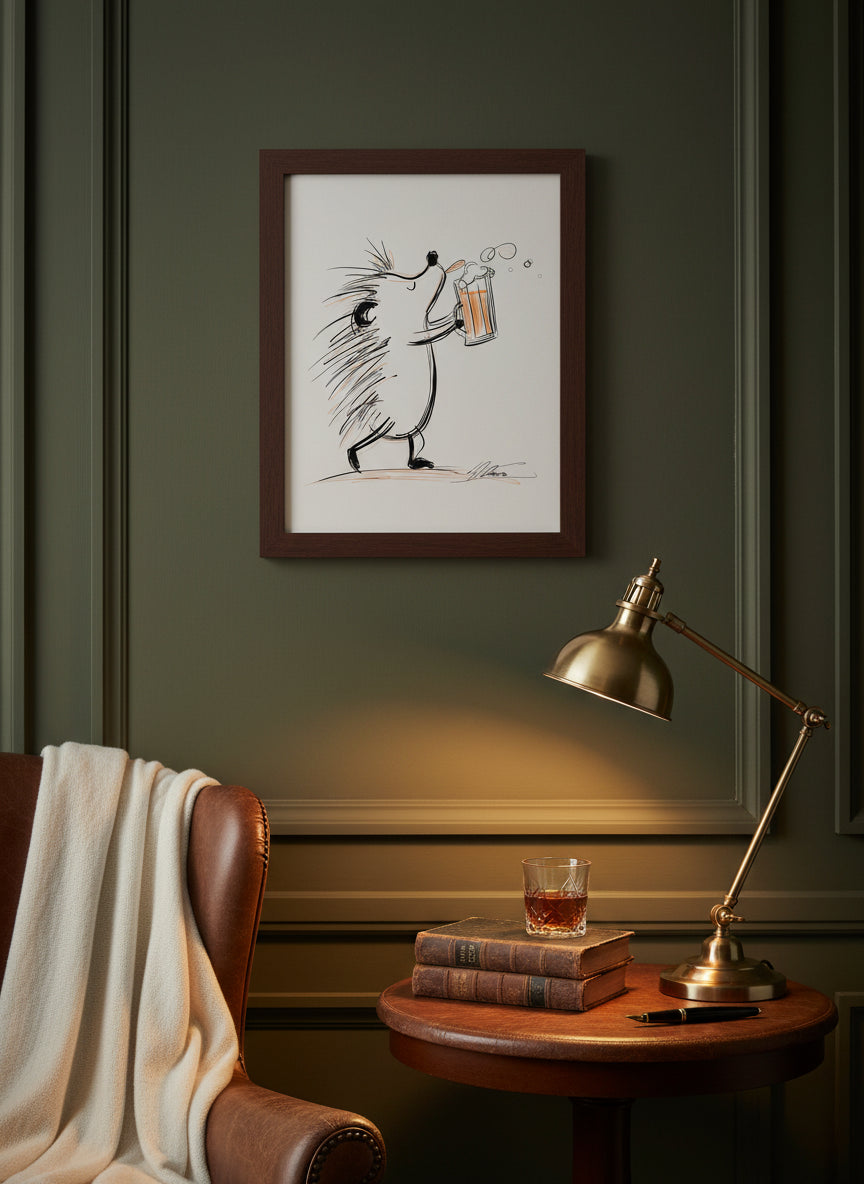 Hedgehog Beer Mug Art art print shown in a dark olive study setting