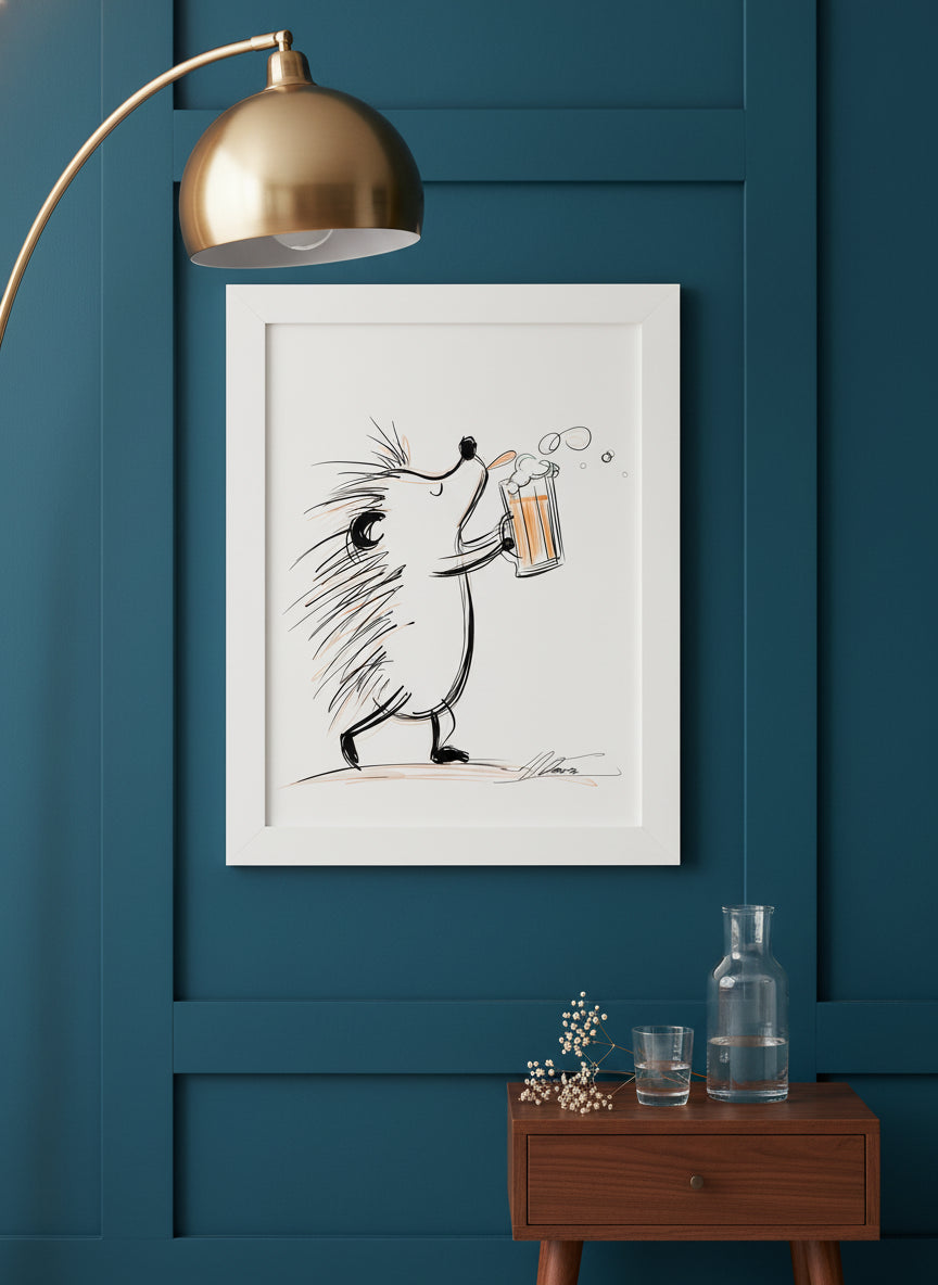 Hedgehog Beer Mug Art art print shown in a deep teal modern setting