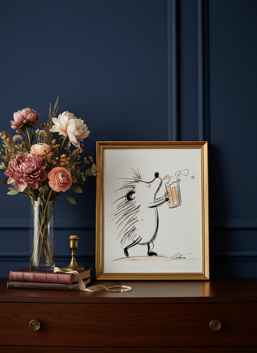 Hedgehog Beer Mug Art art print shown in a dresser dried florals setting