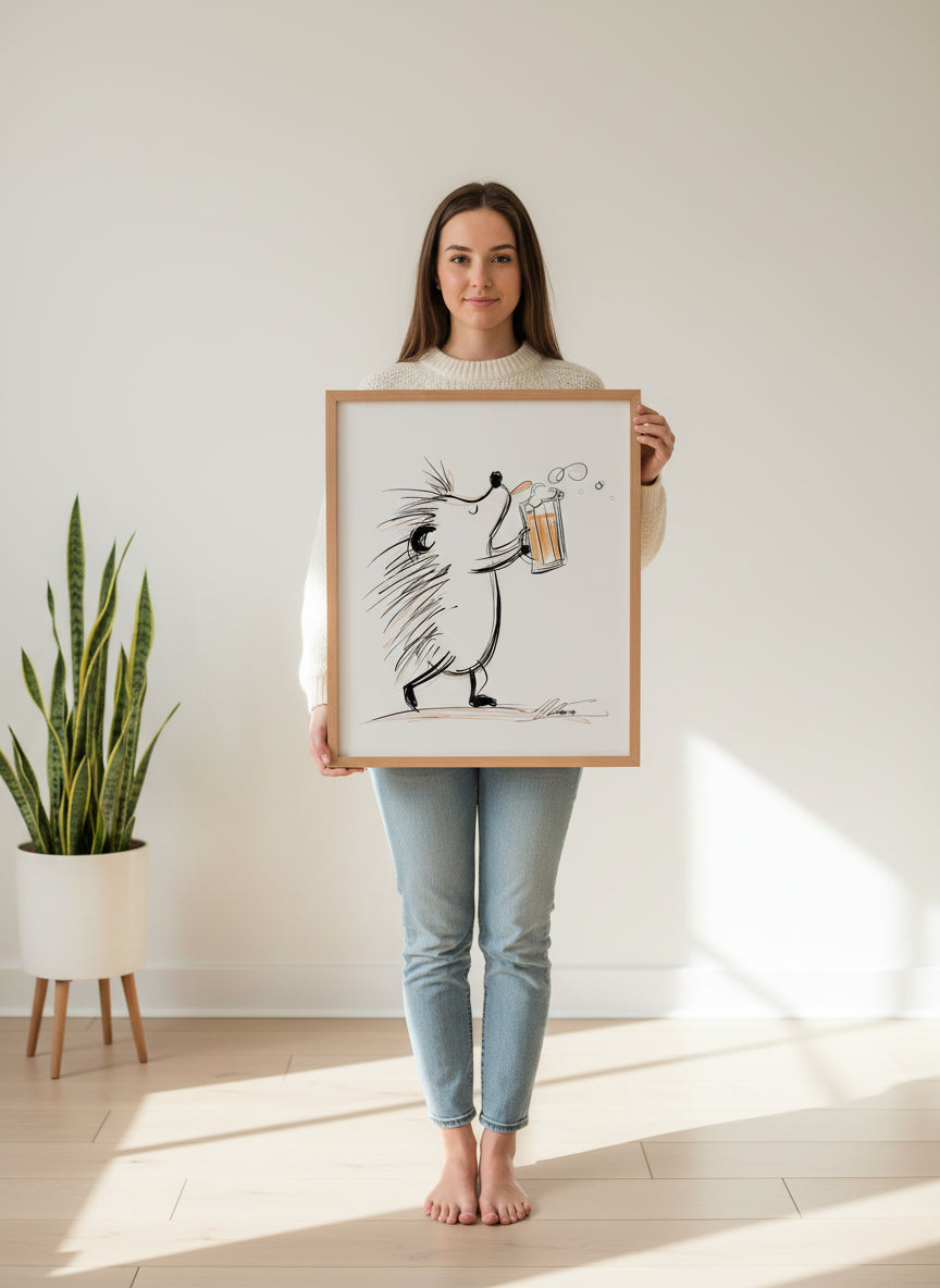 Hedgehog Beer Mug Art art print shown in a person holding bright setting
