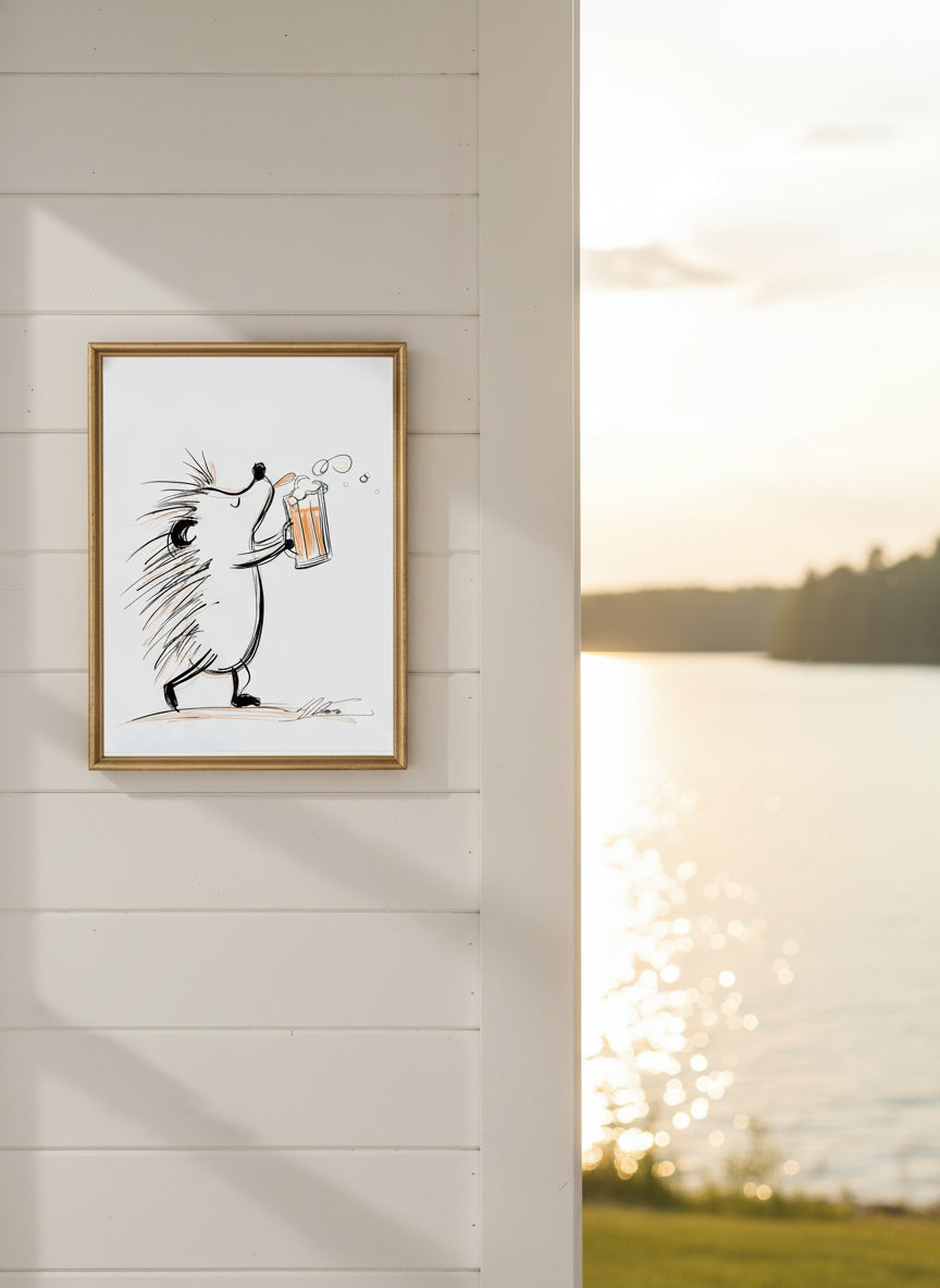 Hedgehog Beer Mug Art art print shown in a shiplap blurred view setting