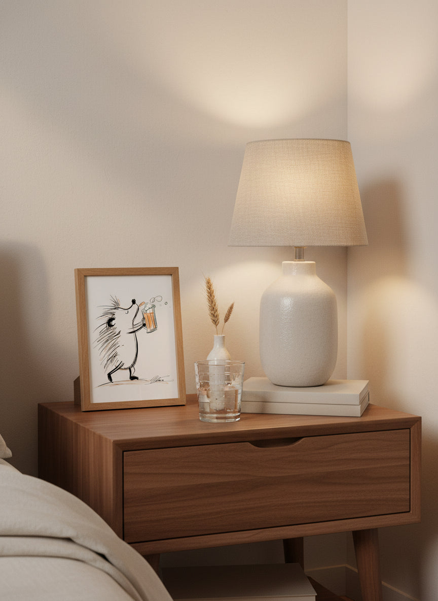Hedgehog Beer Mug Art art print shown in a small bedside oak setting