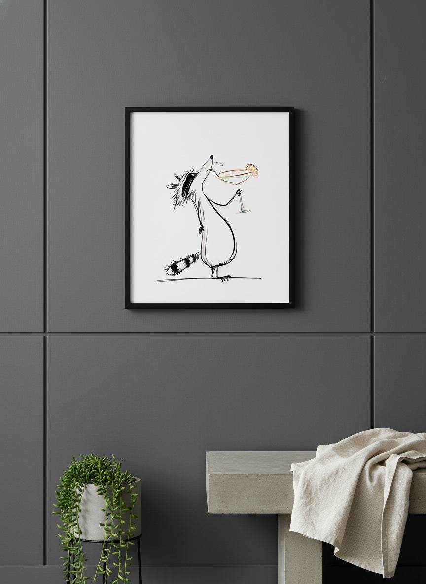 Funny Raccoon Cocktail Art art print shown in a charcoal minimal black setting