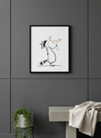 Funny Raccoon Cocktail Art art print shown in a charcoal minimal black setting