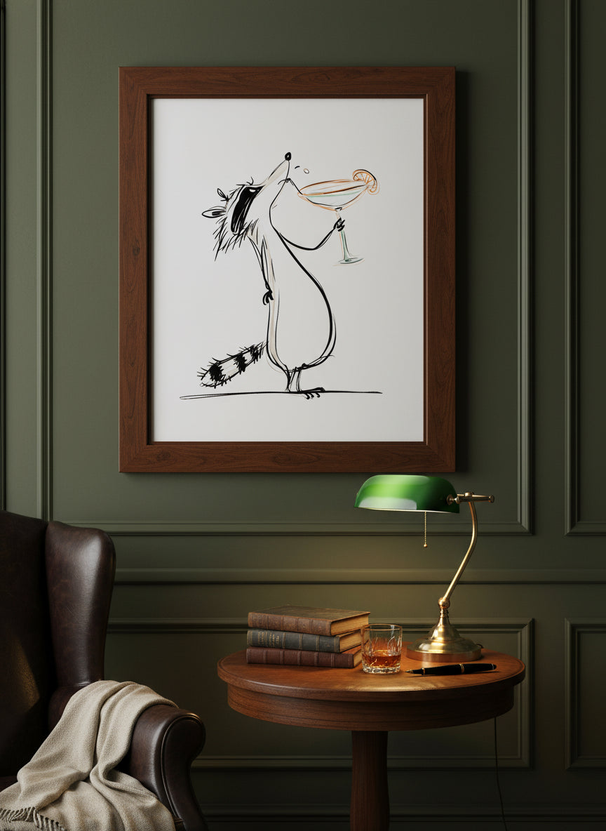 Funny Raccoon Cocktail Art art print shown in a dark olive study setting