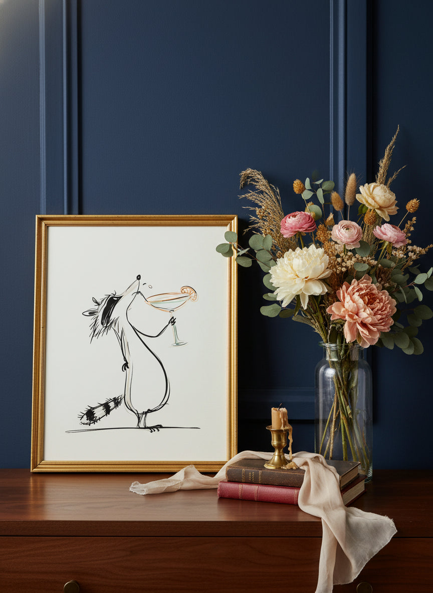 Funny Raccoon Cocktail Art art print shown in a dresser dried florals setting
