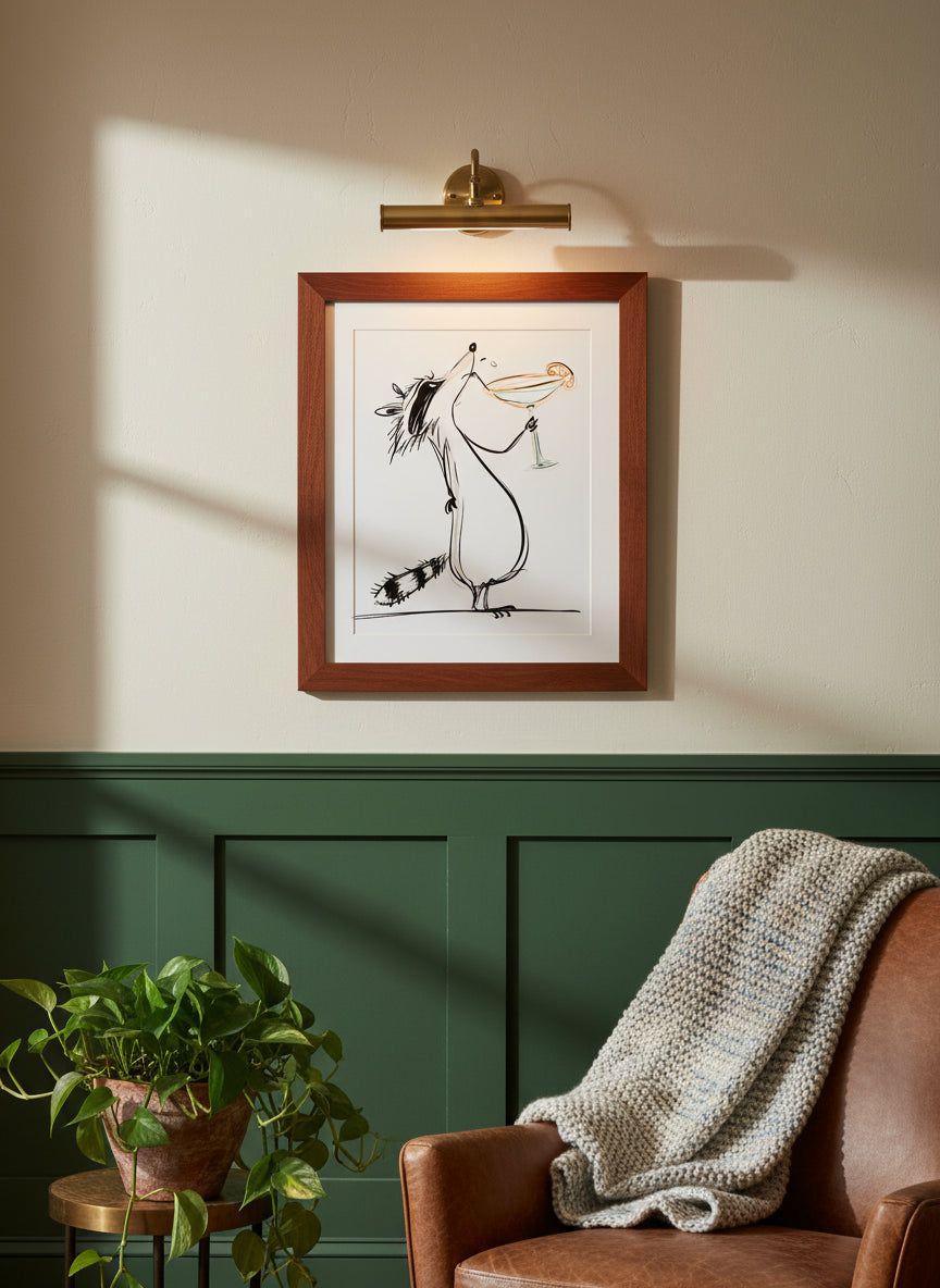 Funny Raccoon Cocktail Art art print shown in a forest green walnut setting