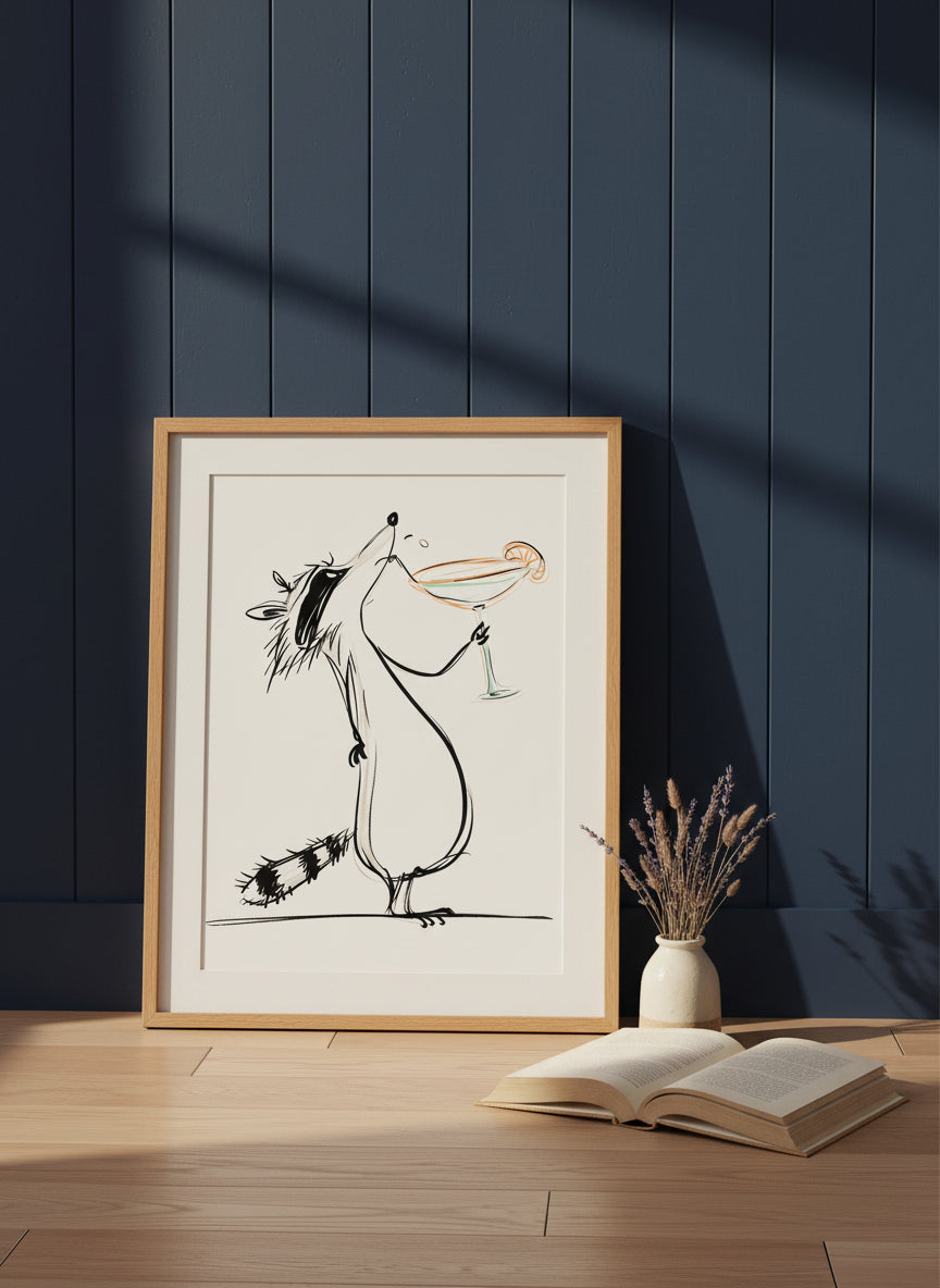 Funny Raccoon Cocktail Art art print shown in a navy paneled oak setting