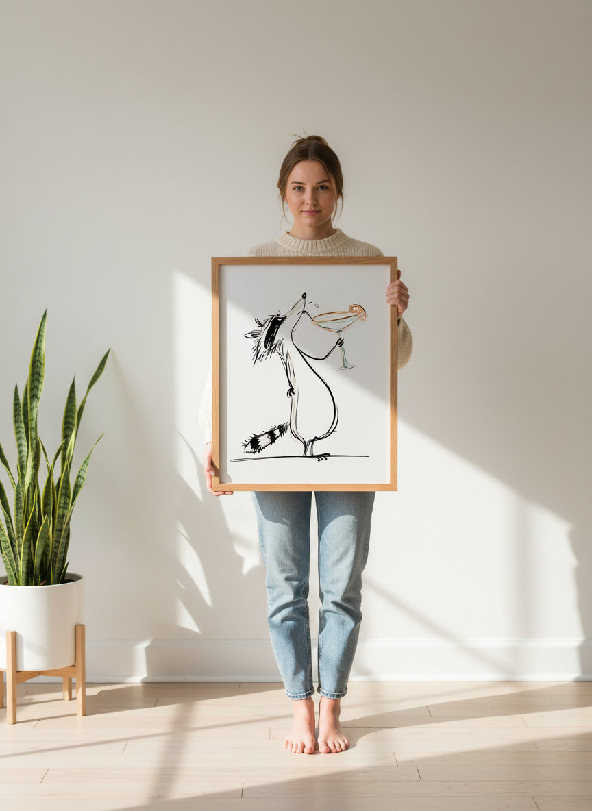 Funny Raccoon Cocktail Art art print shown in a person holding bright setting