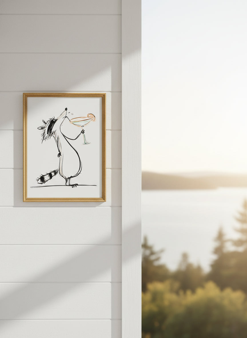 Funny Raccoon Cocktail Art art print shown in a shiplap blurred view setting